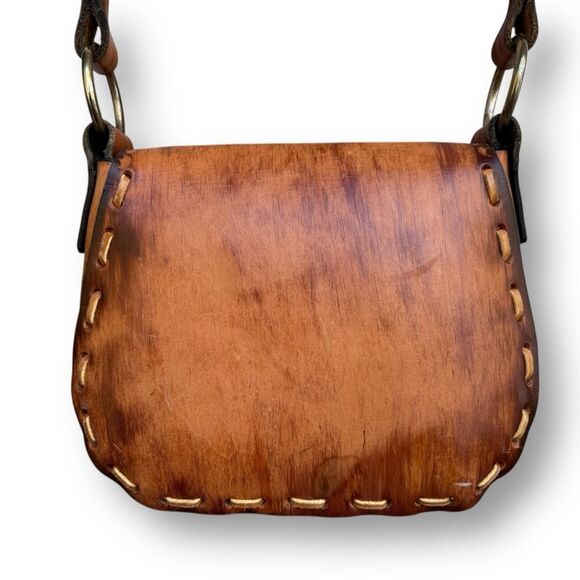 Hand Tooled Leather Boho Hippie Bag Painted Flower Purse Whipstitch - Picture 4 of 12